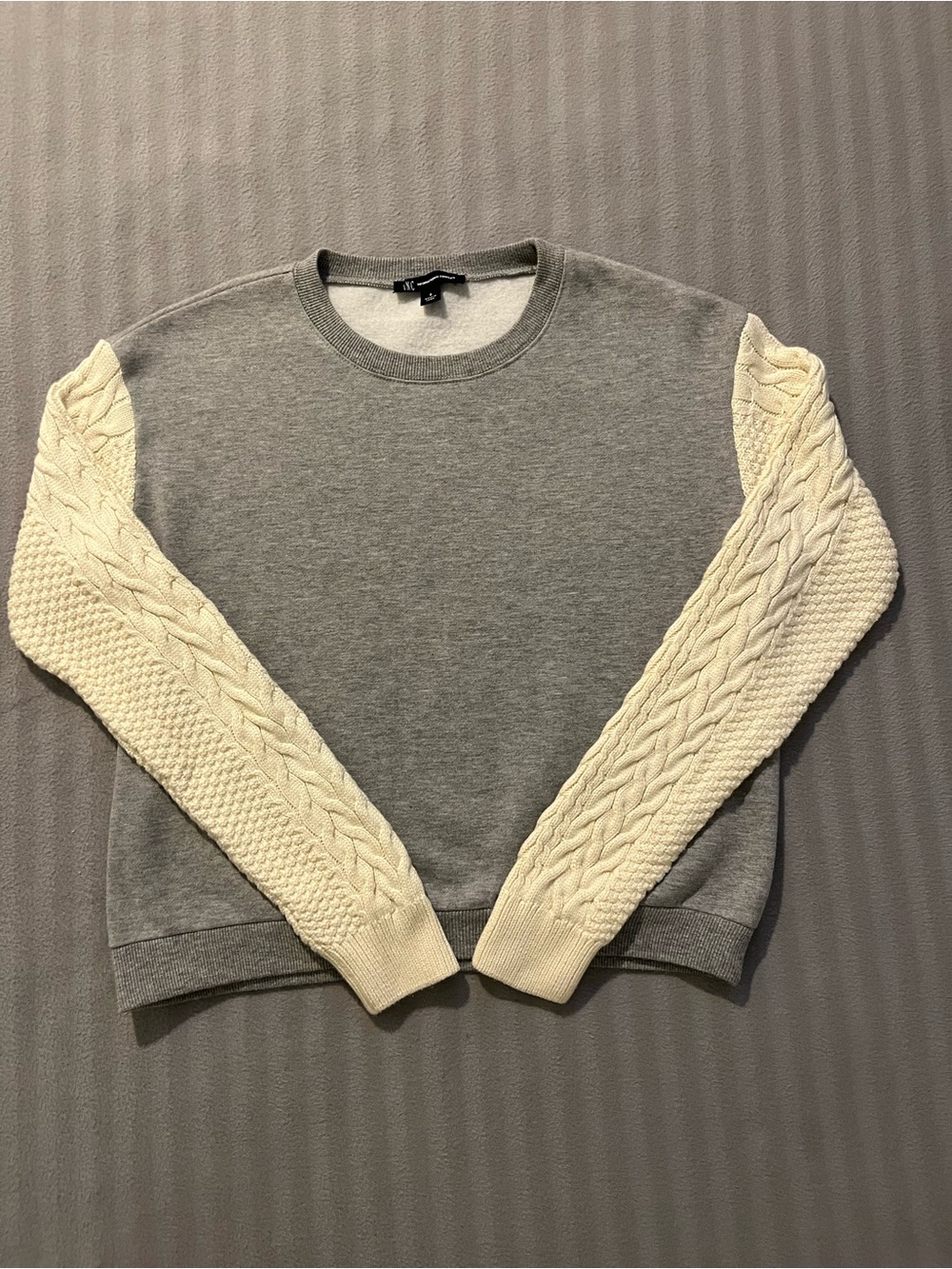 INC International Concepts Gray Body Crewneck Sweater with Cream Cable Sleeves